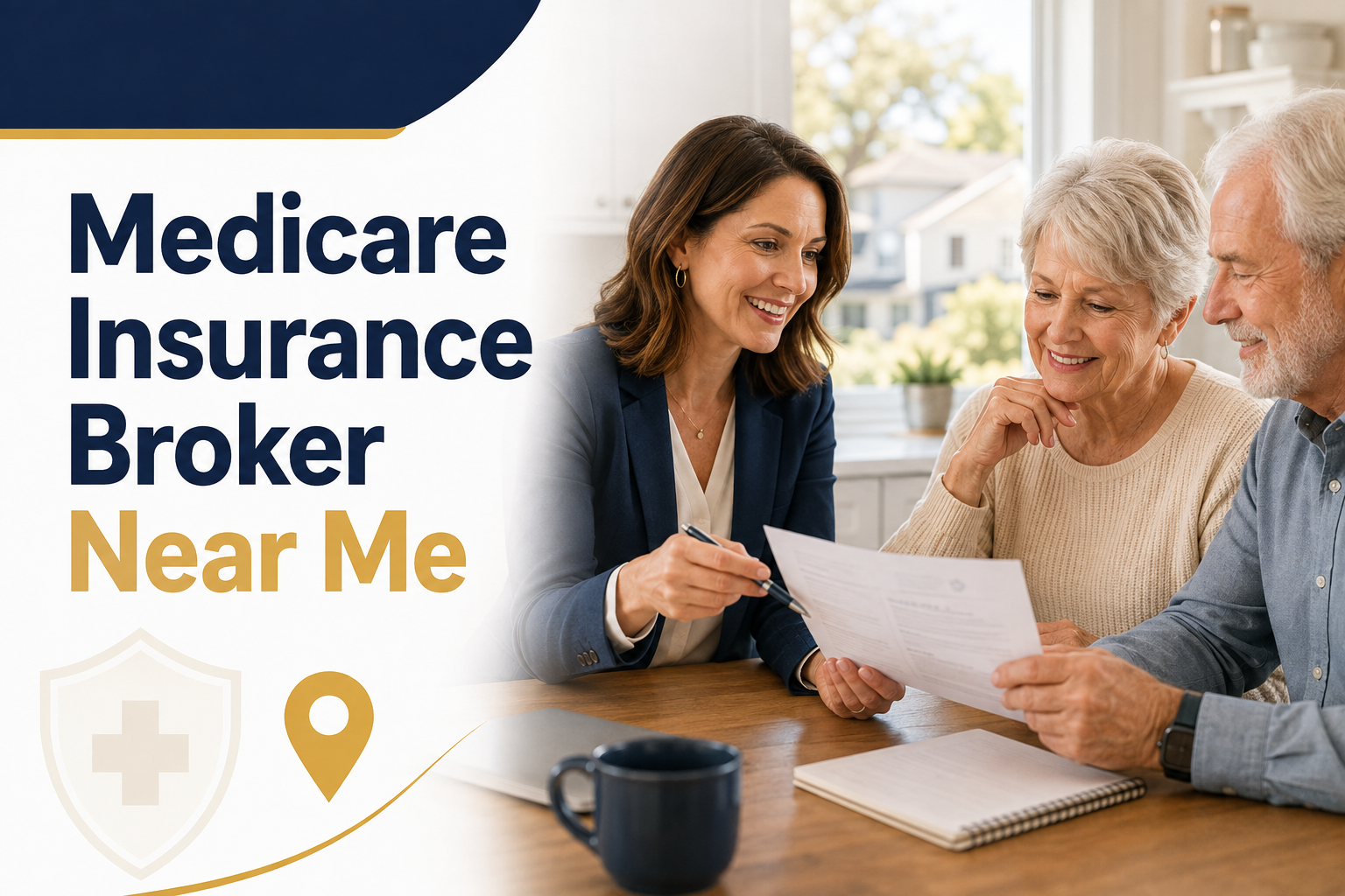 Local Medicare insurance broker comparing plans with a senior at home