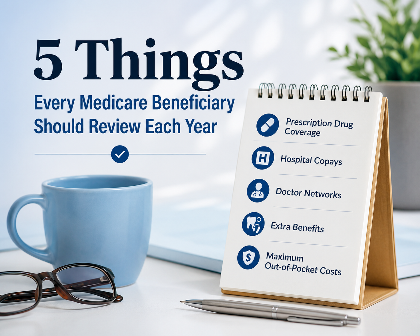 A Medicare annual review checklist displayed on a desk with glasses, a pen, and a coffee mug.