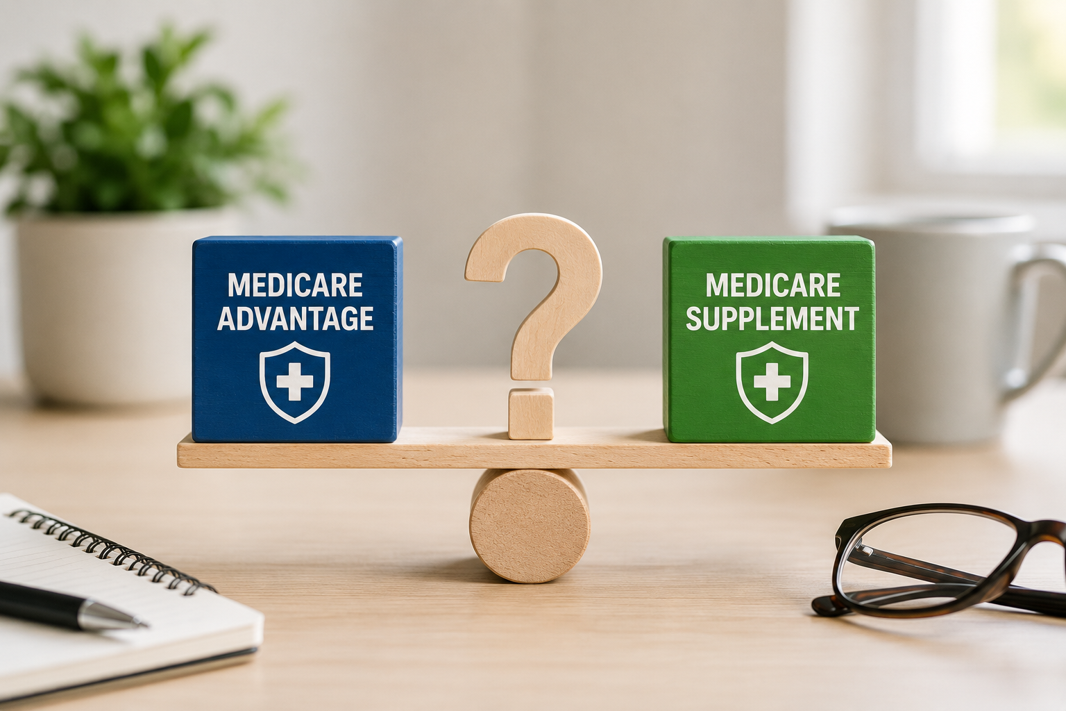 Medicare Advantage and Medicare Supplement options shown on a balance scale with a question mark.