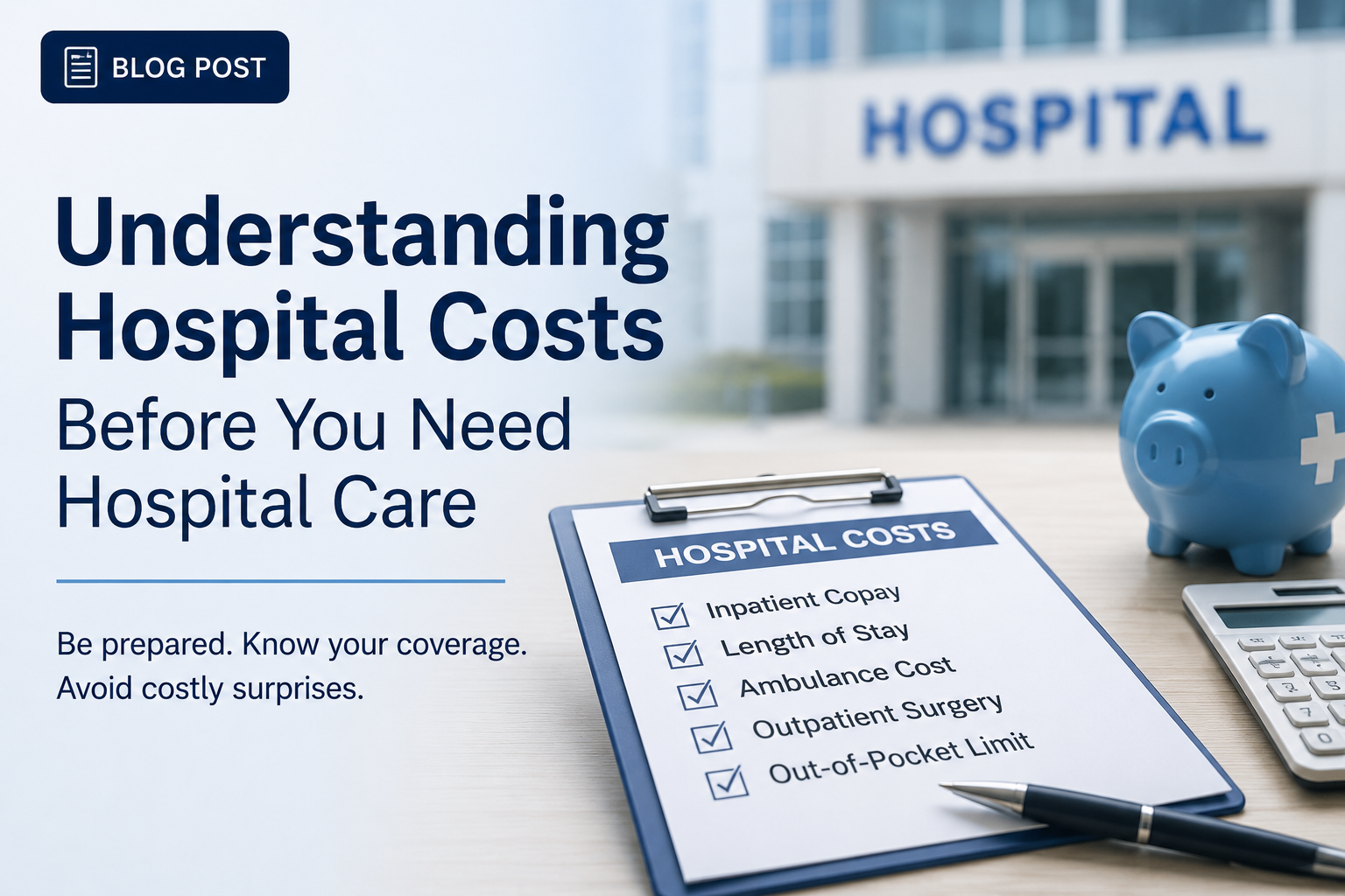 Hospital costs checklist with a calculator and piggy bank in front of a hospital.