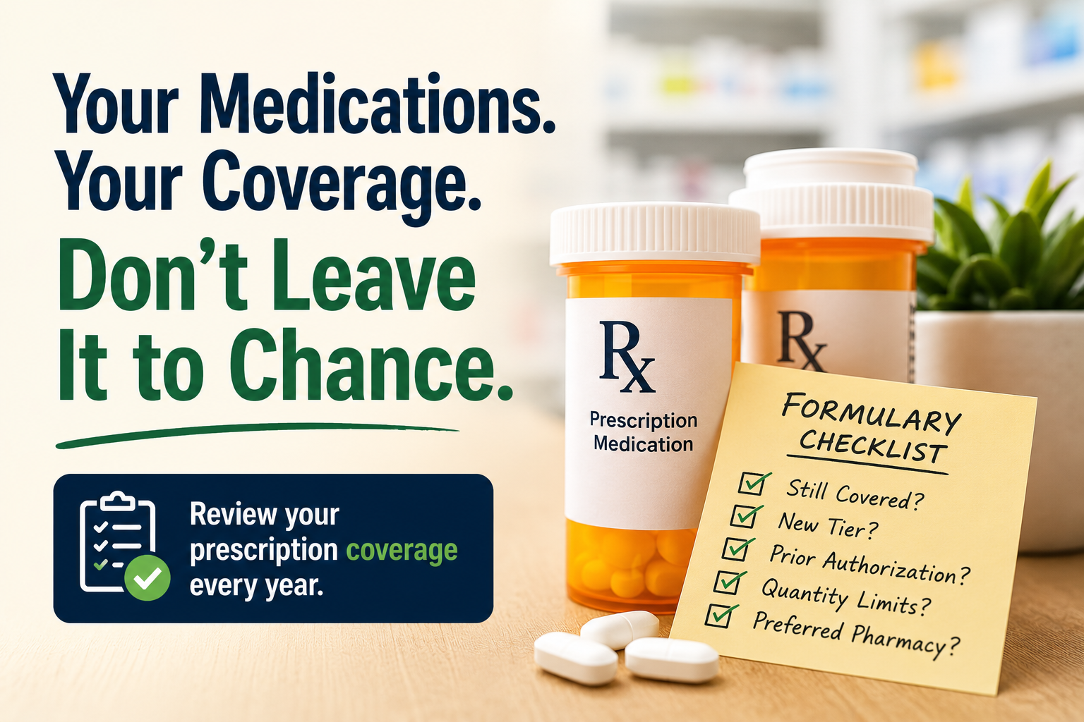 Prescription medication bottles and a formulary checklist illustrating the importance of reviewing Medicare Part D drug coverage each year.