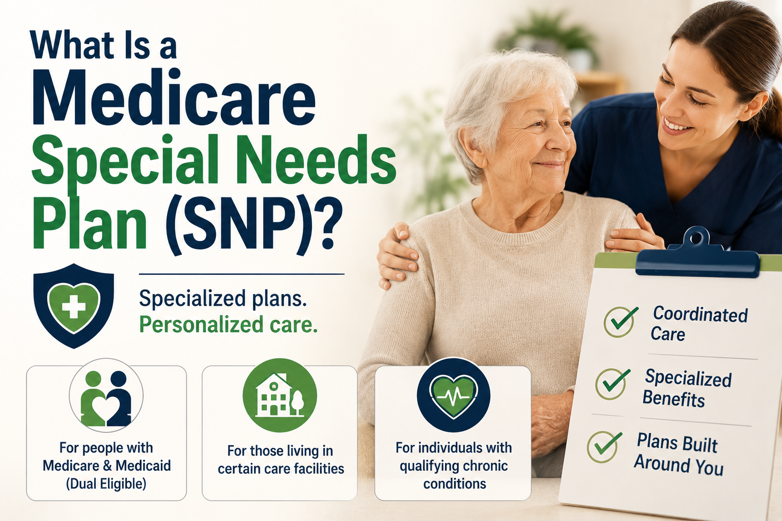 Healthcare professional assisting an older adult, illustrating Medicare Special Needs Plans (SNPs) that provide coordinated care for eligible beneficiaries with chronic conditions or other qualifying needs.