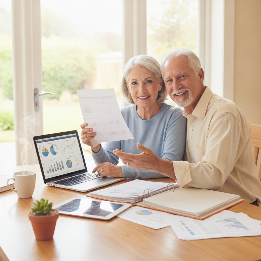 Senior couple reviewing MYGA annuity information at home, planning for retirement.