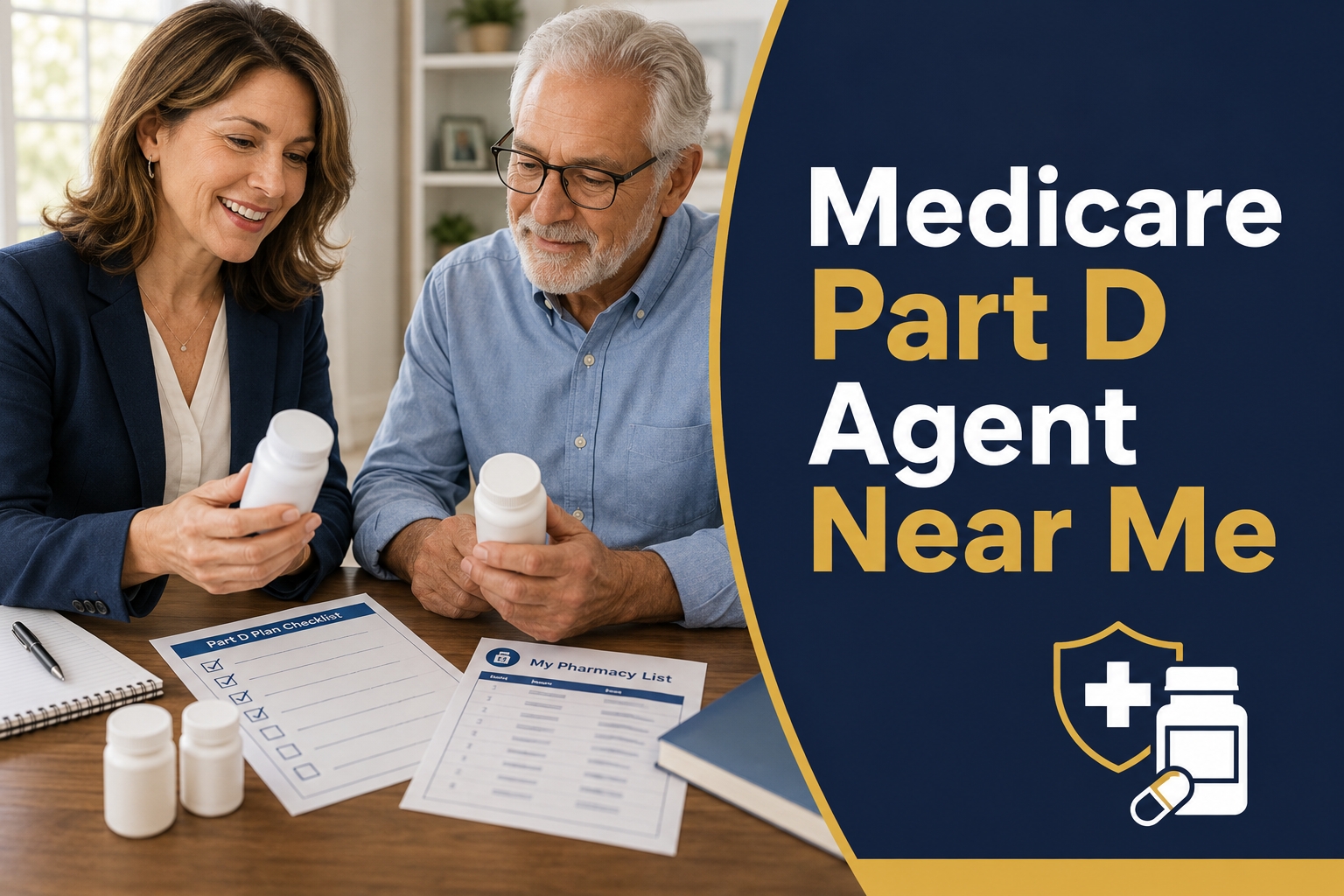 Senior and Medicare Part D agent reviewing prescriptions and plan information