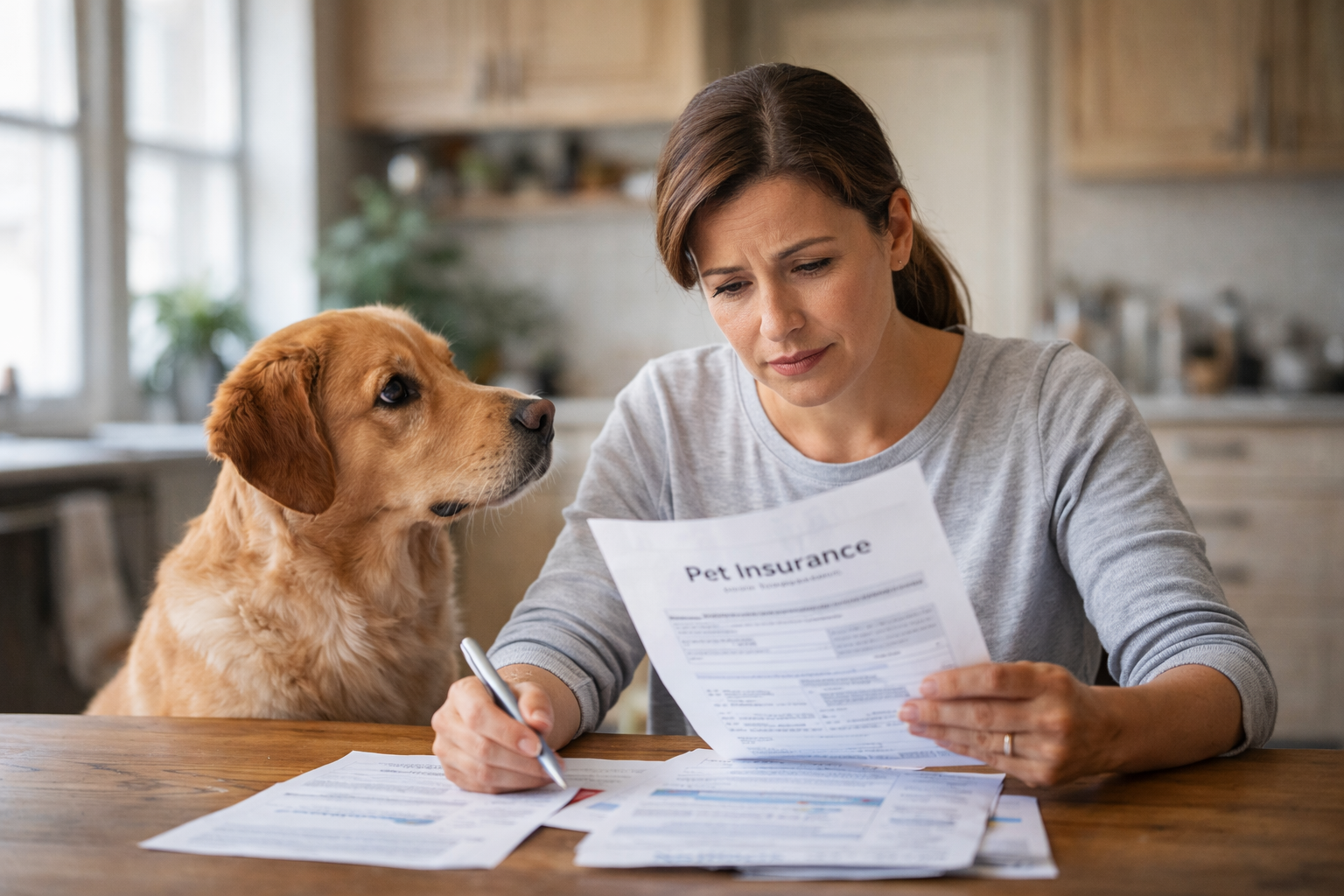 Woman sitting at a wooden kitchen table reviewing a pet insurance document while holding a pen, with her golden retriever sitting beside her and looking up at her.