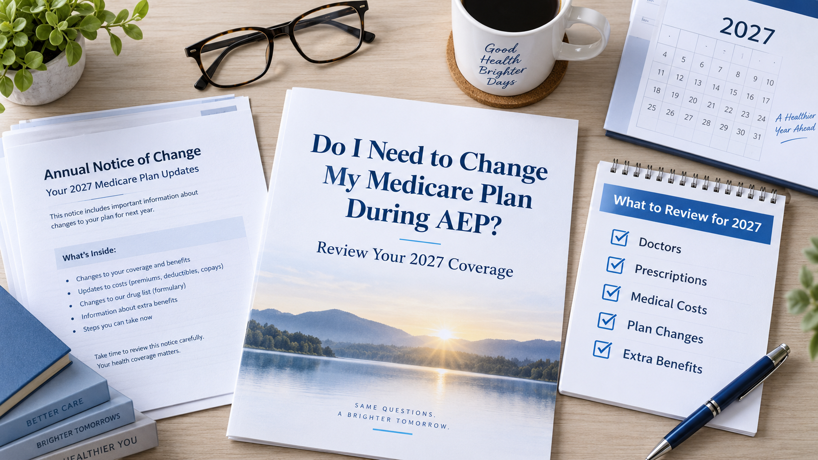 Medicare AEP 2027 plan review checklist with doctors, prescriptions, medical costs, plan changes, and extra benefits