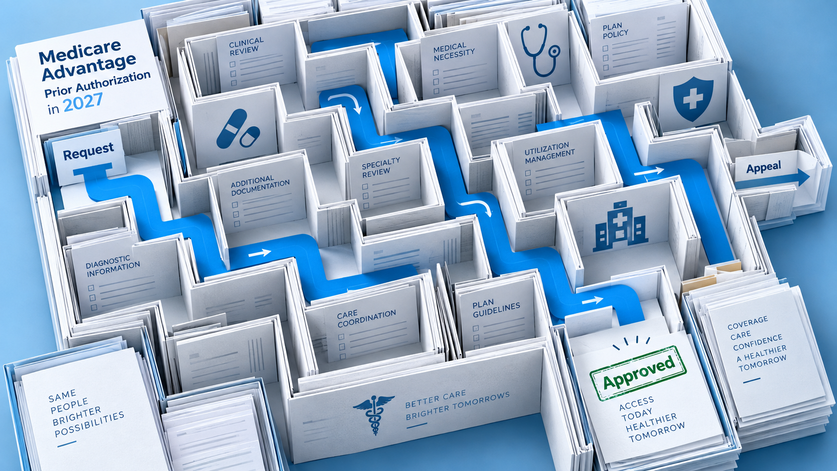 Medicare Advantage prior authorization 2027 maze showing request, review, approval, and appeal steps