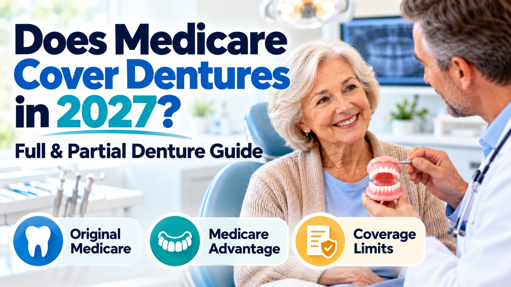 Senior woman discussing full and partial dentures with a dentist, illustrating Medicare and Medicare Advantage denture coverage options for 2027.