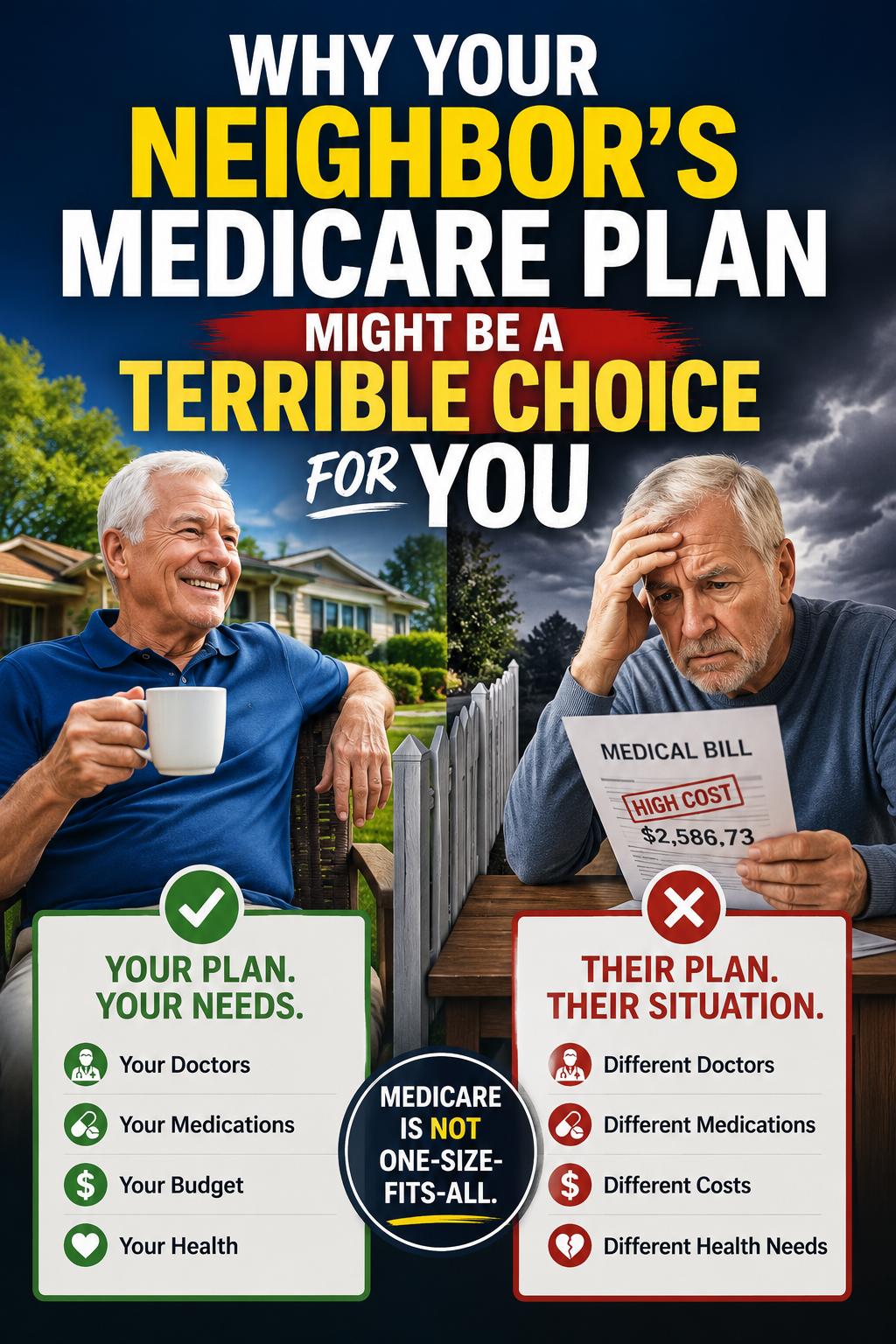 Split-screen image showing two Medicare beneficiaries with different outcomes, illustrating why your neighbor's Medicare plan may not be the best choice for your healthcare needs.