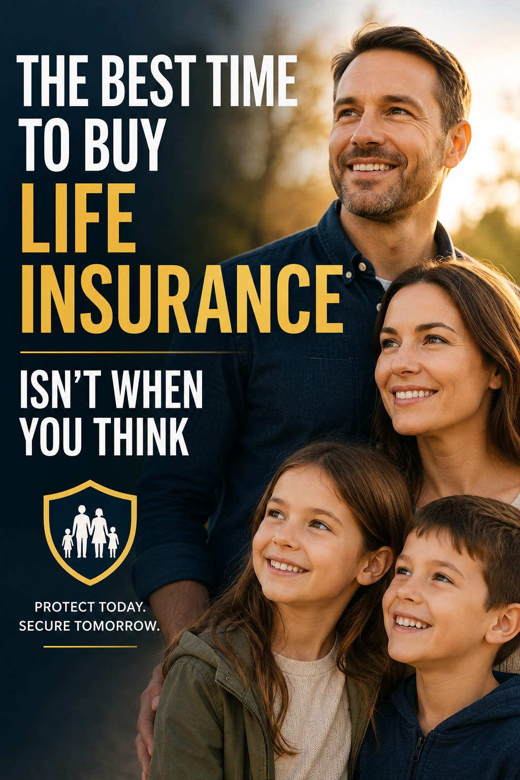 Magazine-style cover image with the headline "The Best Time to Buy Life Insurance Isn't When You Think" beside a smiling family, emphasizing the importance of getting life insurance while healthy.