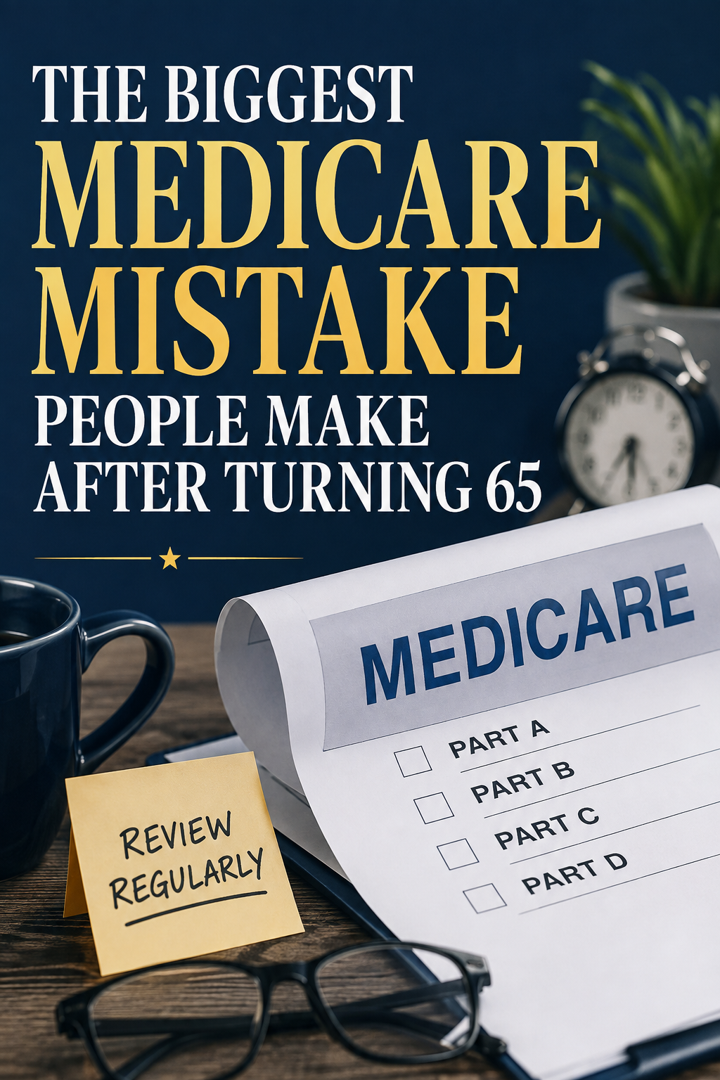 Magazine-style graphic titled "The Biggest Medicare Mistake People Make After Turning 65" featuring Medicare paperwork, glasses, a coffee mug, and a reminder to review coverage regularly.