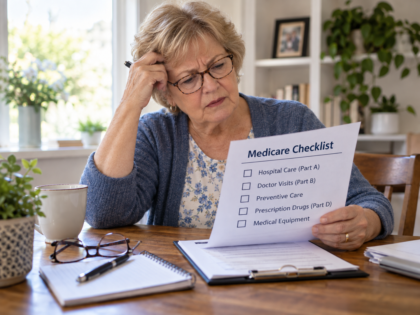 An older couple reviewing Medicare documents at a kitchen table, discussing what Medicare doesn't cover.