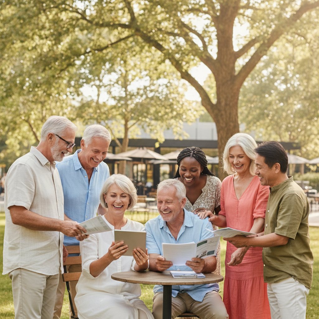 Smiling seniors reviewing Medicare information with confidence and optimism, planning for their future healthcare.