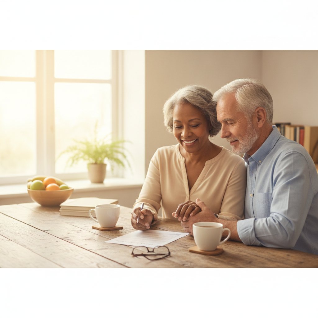 Senior couple reviewing final expense insurance documents at a kitchen table, looking relaxed and secure.