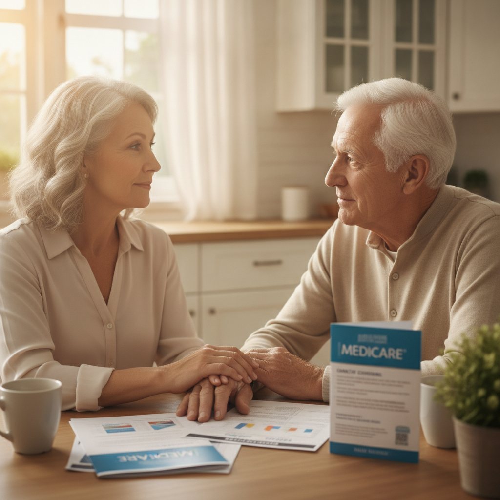 Older couple at a kitchen table, holding hands while reviewing insurance documents, symbolizing support during health planning.