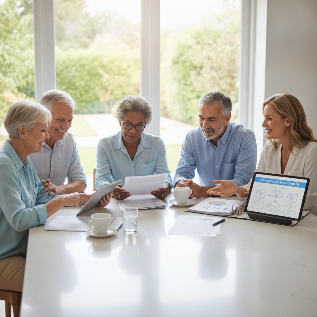 Senior couple and friends discussing health insurance options with an agent at a kitchen island, reviewing documents.