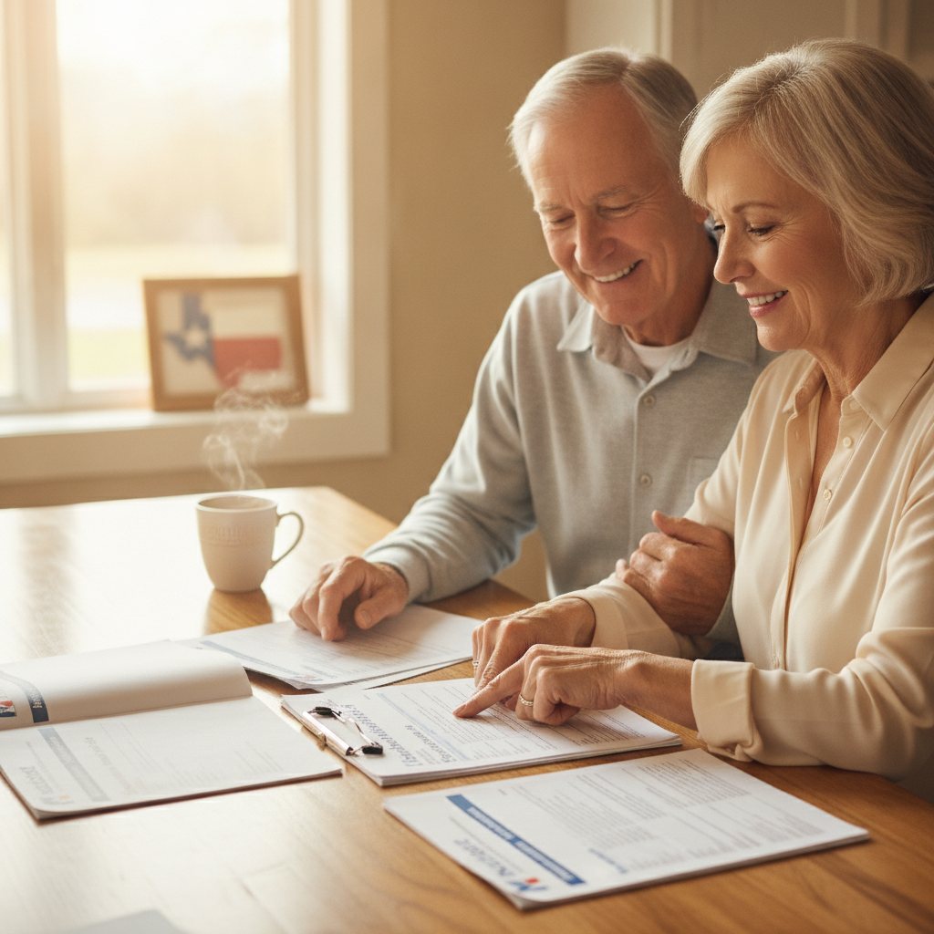 Smiling older couple in Texas reviewing Medicare Supplement Plan G documents at their kitchen table, looking confident and informed.