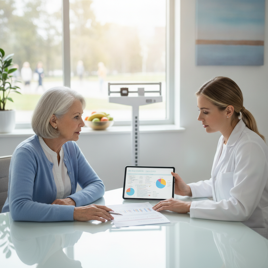 A senior adult speaking with a healthcare professional while reviewing prescription options, with a scale and healthy lifestyle imagery in the background. Include text overlay: "GLP-1 Weight Loss Drugs & Medicare: What You Need to Know"