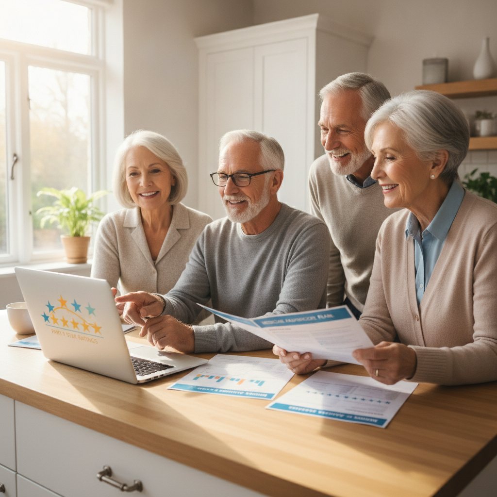 Smiling older adults reviewing Medicare Advantage and Part D plan documents and Star Ratings on a laptop at a kitchen table.