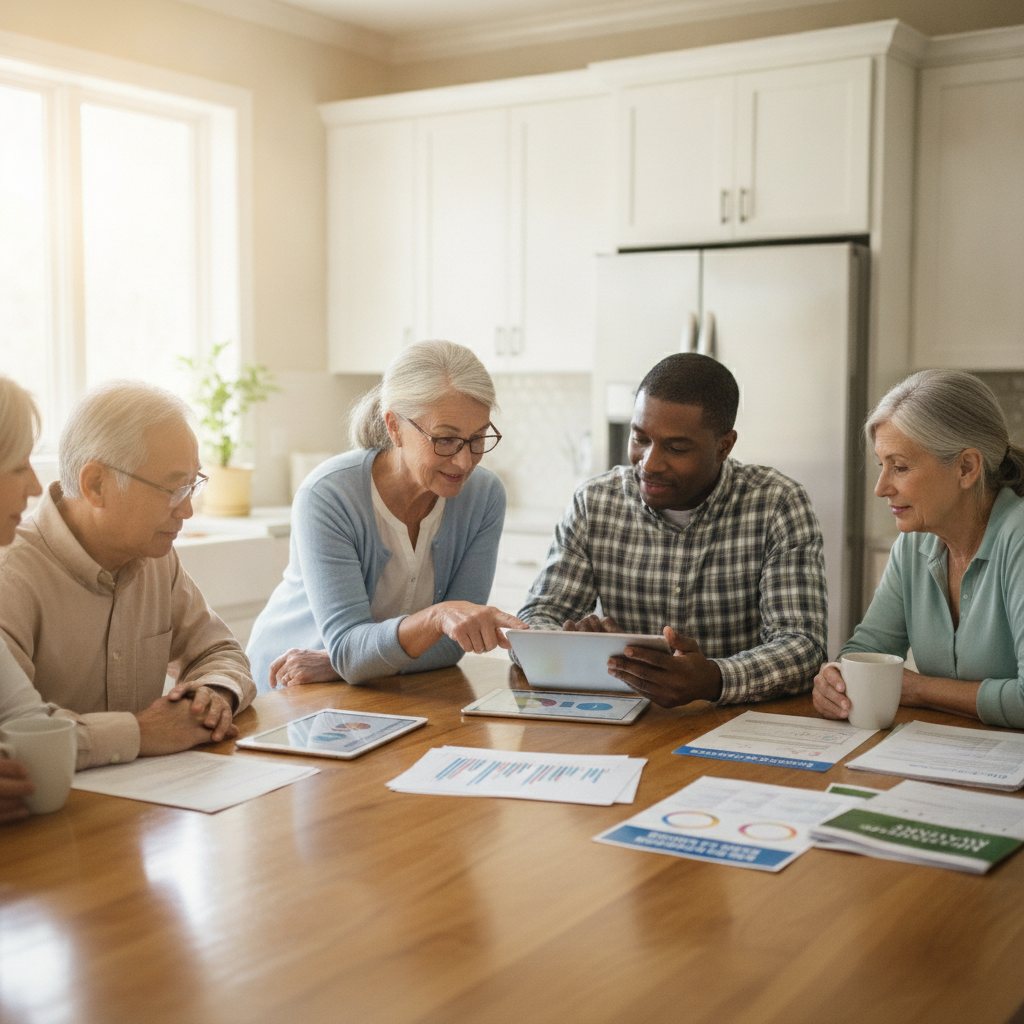 Seniors and family members reviewing Medicare Advantage plan documents at a kitchen table, discussing plan changes.