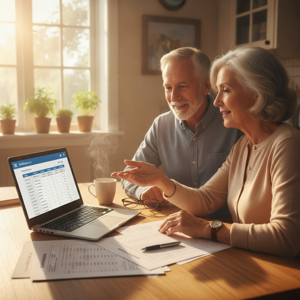 A senior woman reviewing Medicare Prescription Drug Plans for 2027 on medicare.gov on a laptop at her kitchen table.