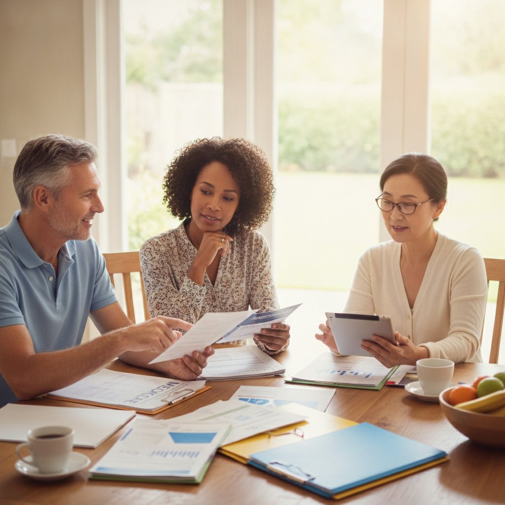 Smiling seniors reviewing Medicare plan documents at a kitchen table, symbolizing informed decision-making.