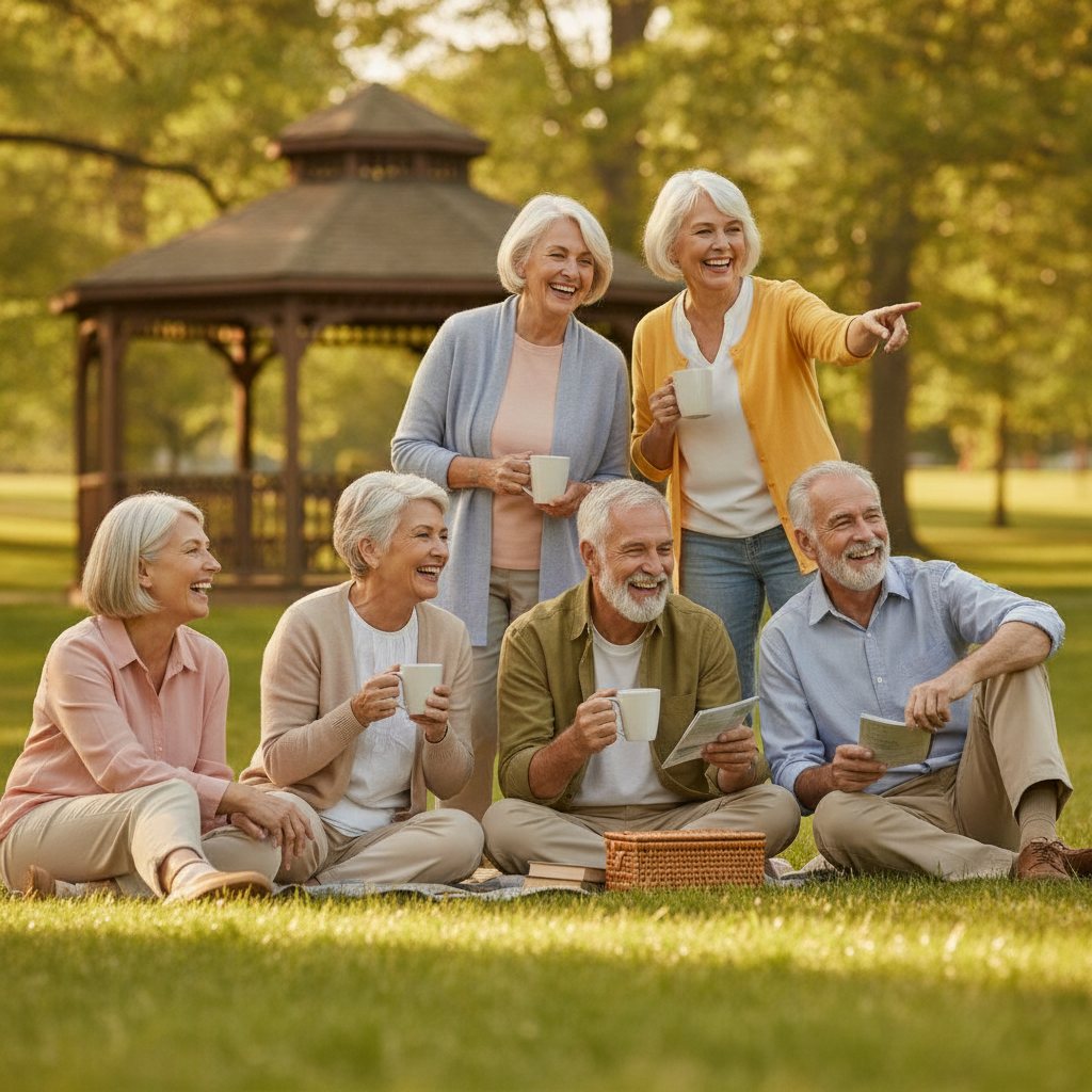 Happy seniors smiling and interacting, symbolizing good oral health and community.
