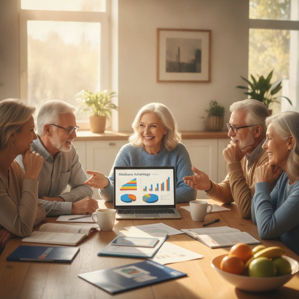 Group of seniors and family members reviewing Medicare Advantage plan documents at a kitchen table.
