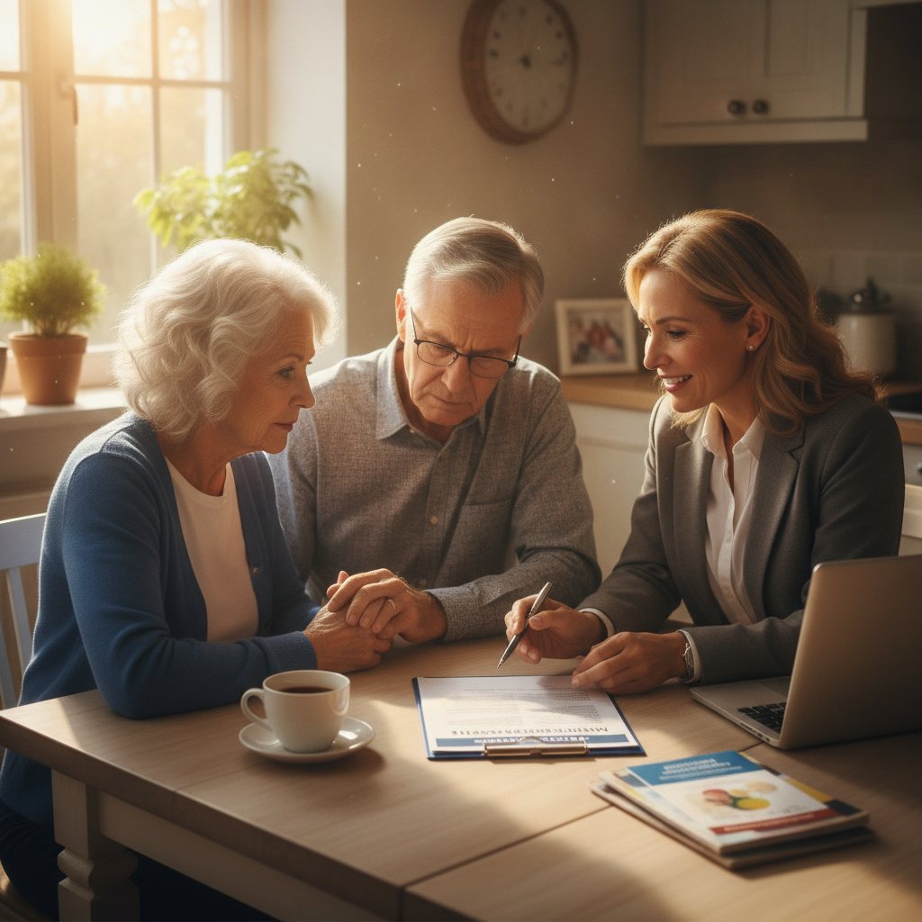 Older couple discussing cancer insurance options with a knowledgeable independent agent at their kitchen table.