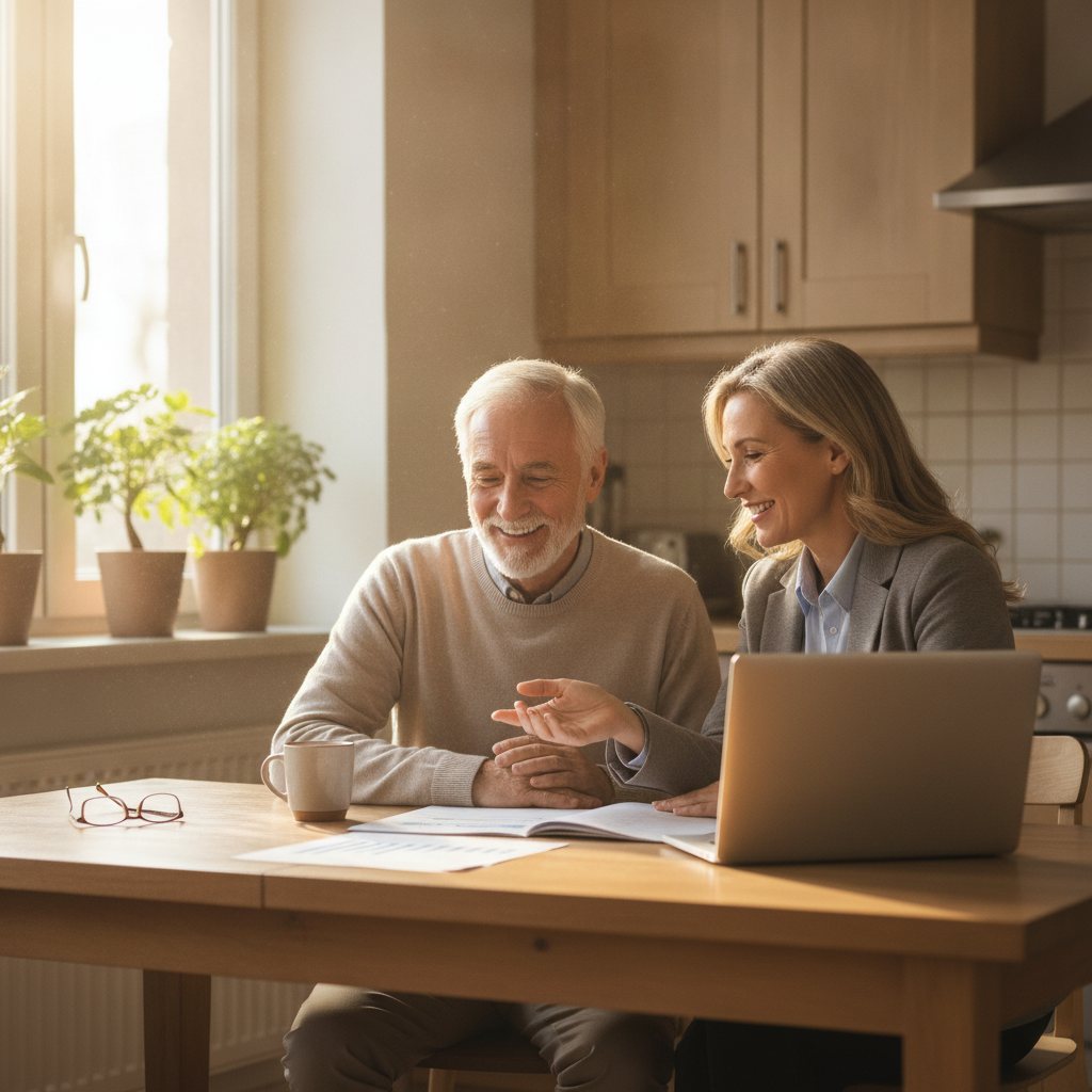 An older couple discussing retirement plans and annuity options with a financial advisor at home, looking at documents and a laptop.