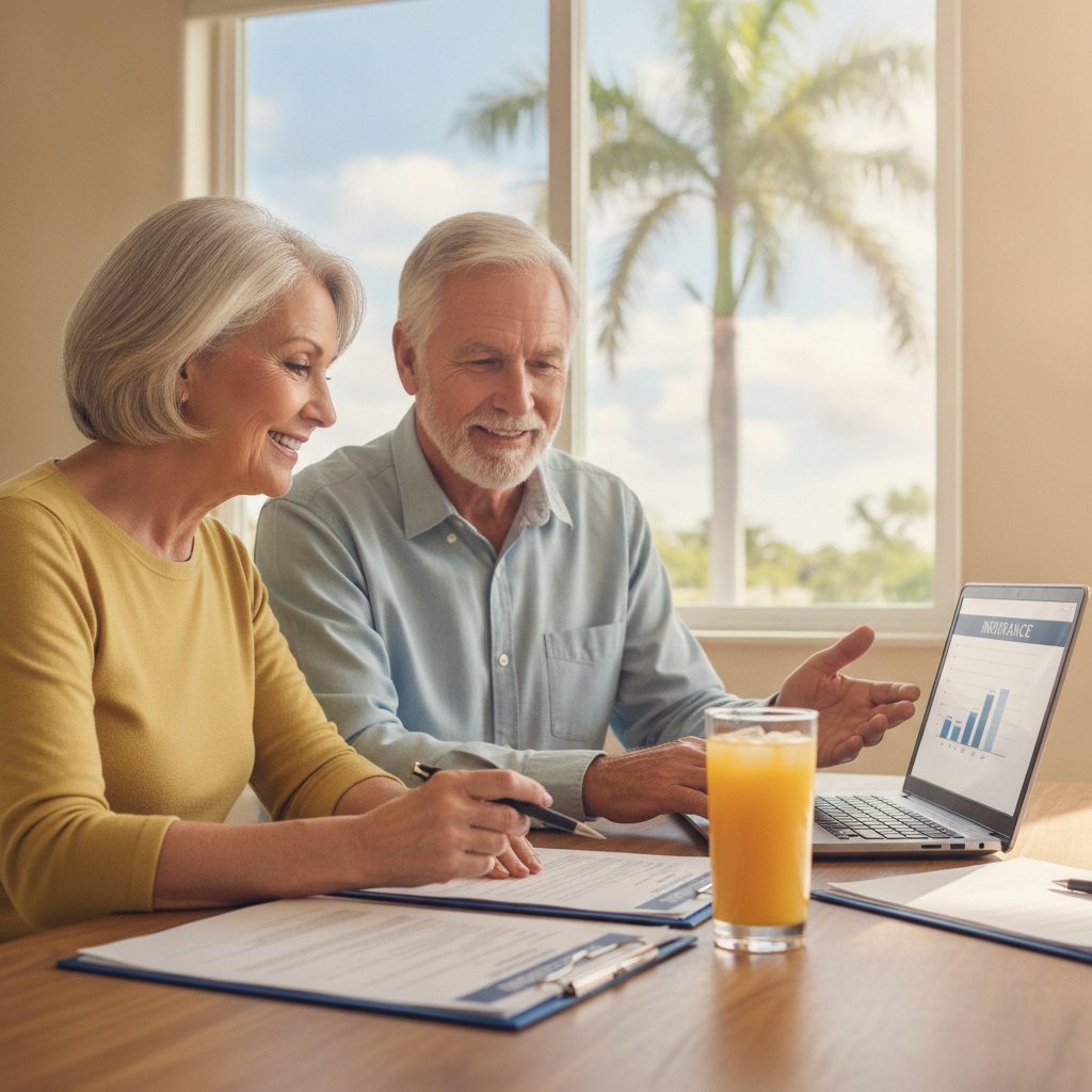 Smiling senior couple in Florida reviewing Medicare Supplement plan documents at a sunny kitchen table.