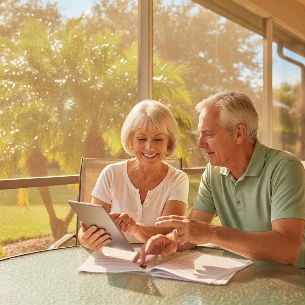 A smiling senior couple in Florida reviewing health insurance plan options on a tablet and paper.