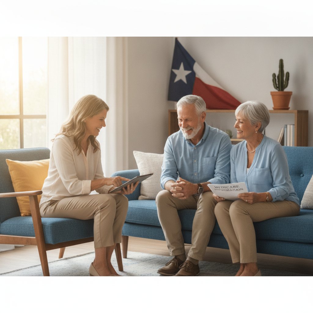 Smiling older Texans reviewing Medicare options with a knowledgeable independent insurance agent in a sunny living room.