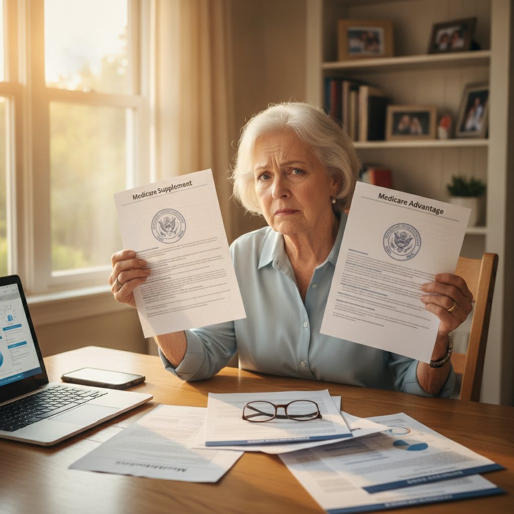 Smiling seniors reviewing Medicare plan options, comparing Supplement and Advantage benefits in a bright living room.