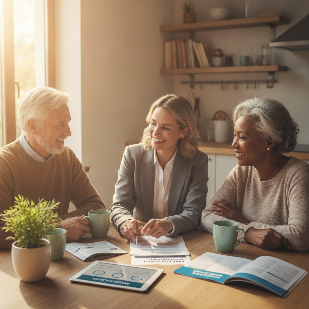 Diverse older adults and an insurance agent reviewing Medicare plan documents at a sunny kitchen table, smiling and engaged.